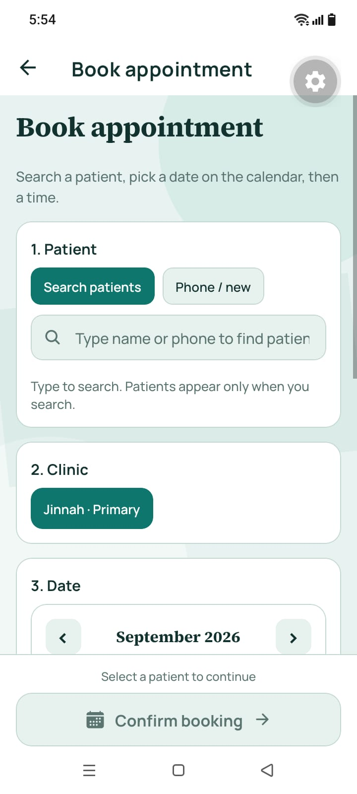 Patient Care book appointment screen