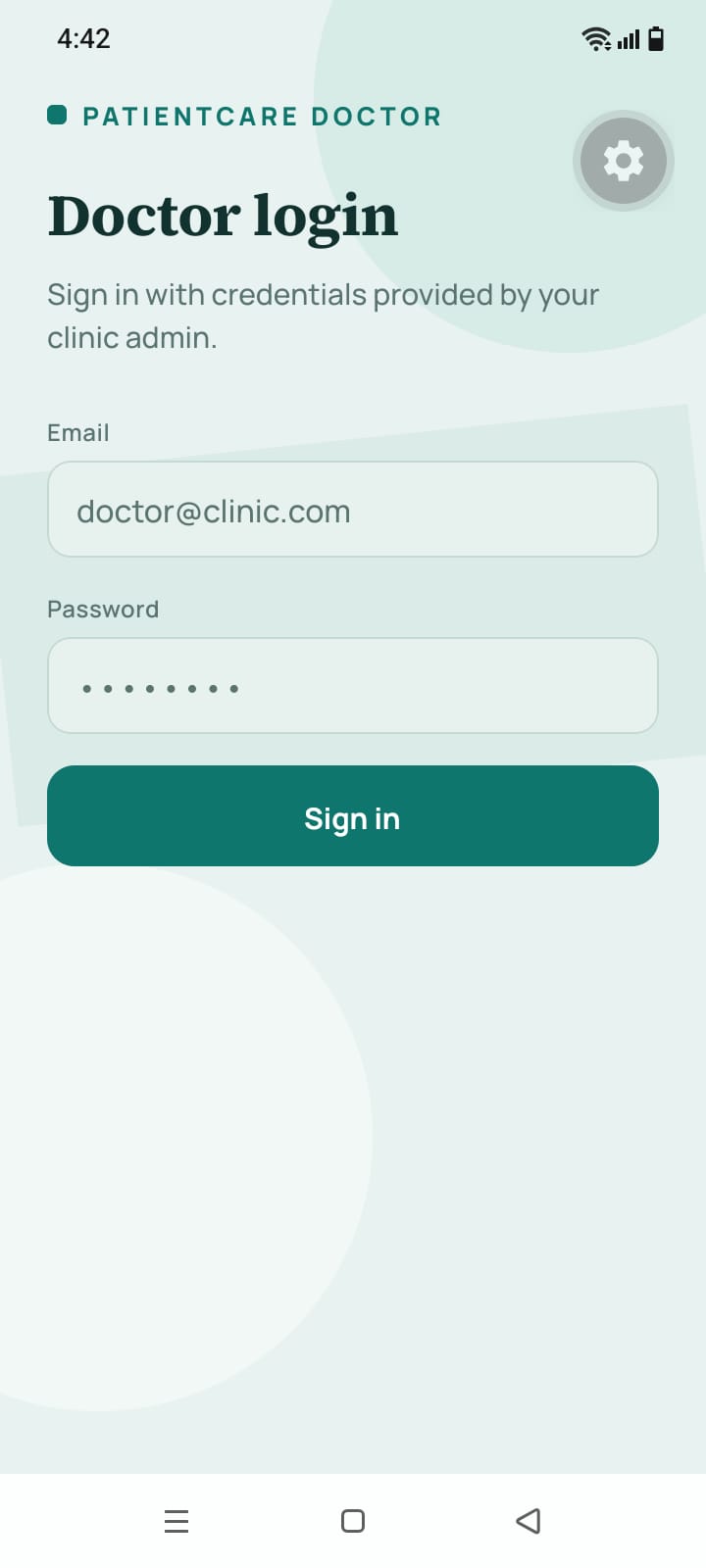Patient Care sign-in screen